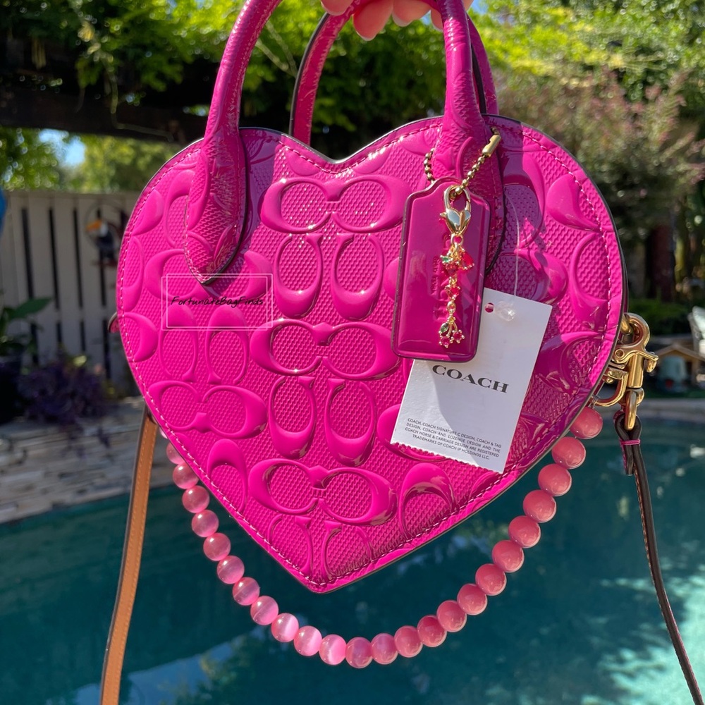 Coach Heart Crossbody CN600 Purple Pink Magenta with Cat Eye Crystal Chain